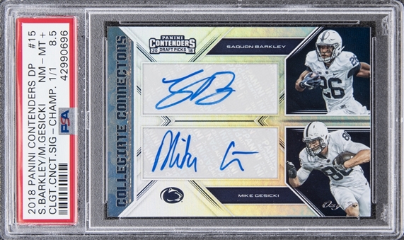 2018 Panini Contenders Draft Picks "Collegiate Connections" #15 Saquon Barkley/Mike Gesicki Dual-Signed Rookie Card (#1/1) – PSA NM-MT+ 8.5